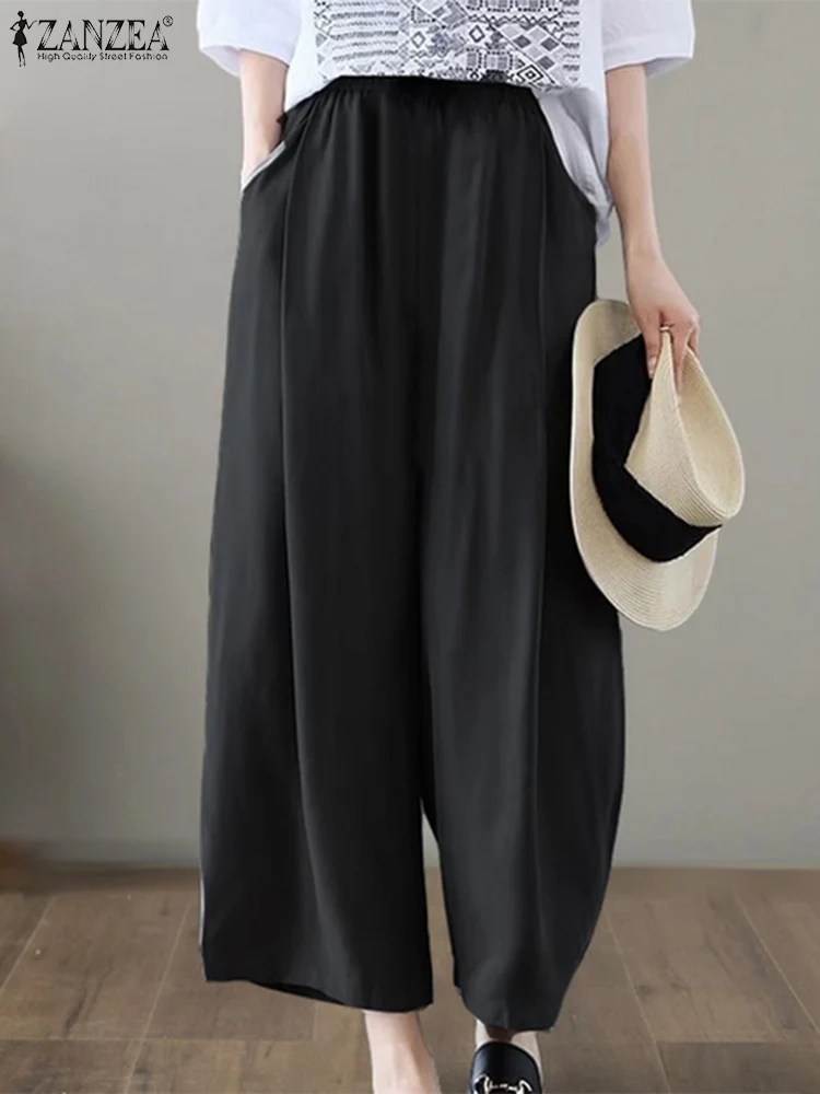 

Брюки ZANZEA женские с широкими штанинами, повседневные свободные длинные брюки с карманами, однотонные в Корейском стиле, с эластичной талией, лето 2024