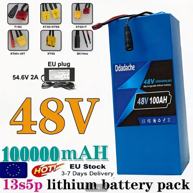 Batterie au lithium 13S5P 48V 100Ah avec BMS et chargeur 54,6V 2A, pour vélo, scooter, outil de mobilité 500W-1000W, rechargeable 18650 1