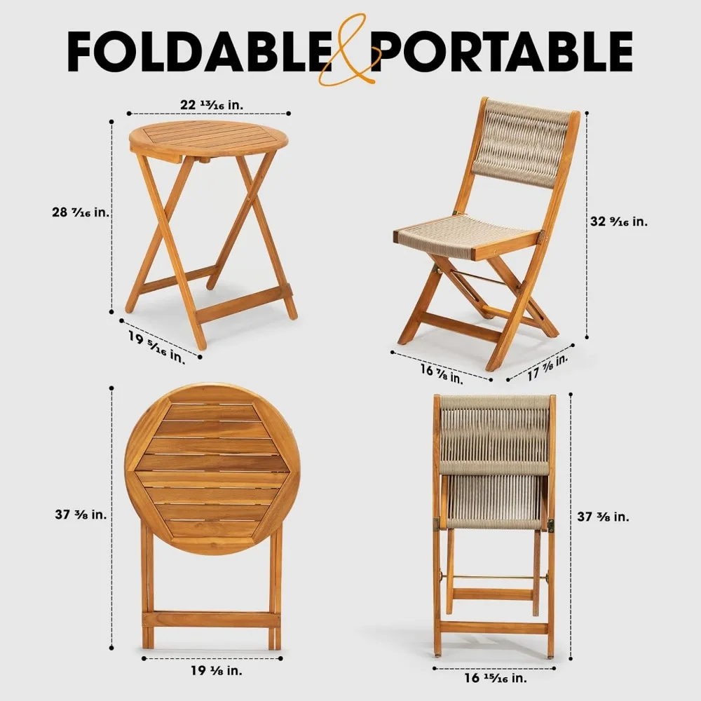 Wood Rope Design Heavy Duty 400lbs Capacity Patio Bistro Set 3 Piece Outdoor, Folding Chairs with Elegant
