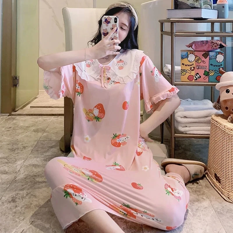 M-5XL Pajamas Women's Summer Dress Girl Korean Version Loose Nightdress  Short-Sleeved Long Dress Student Girl Home Service Pink - AliExpress  200000345