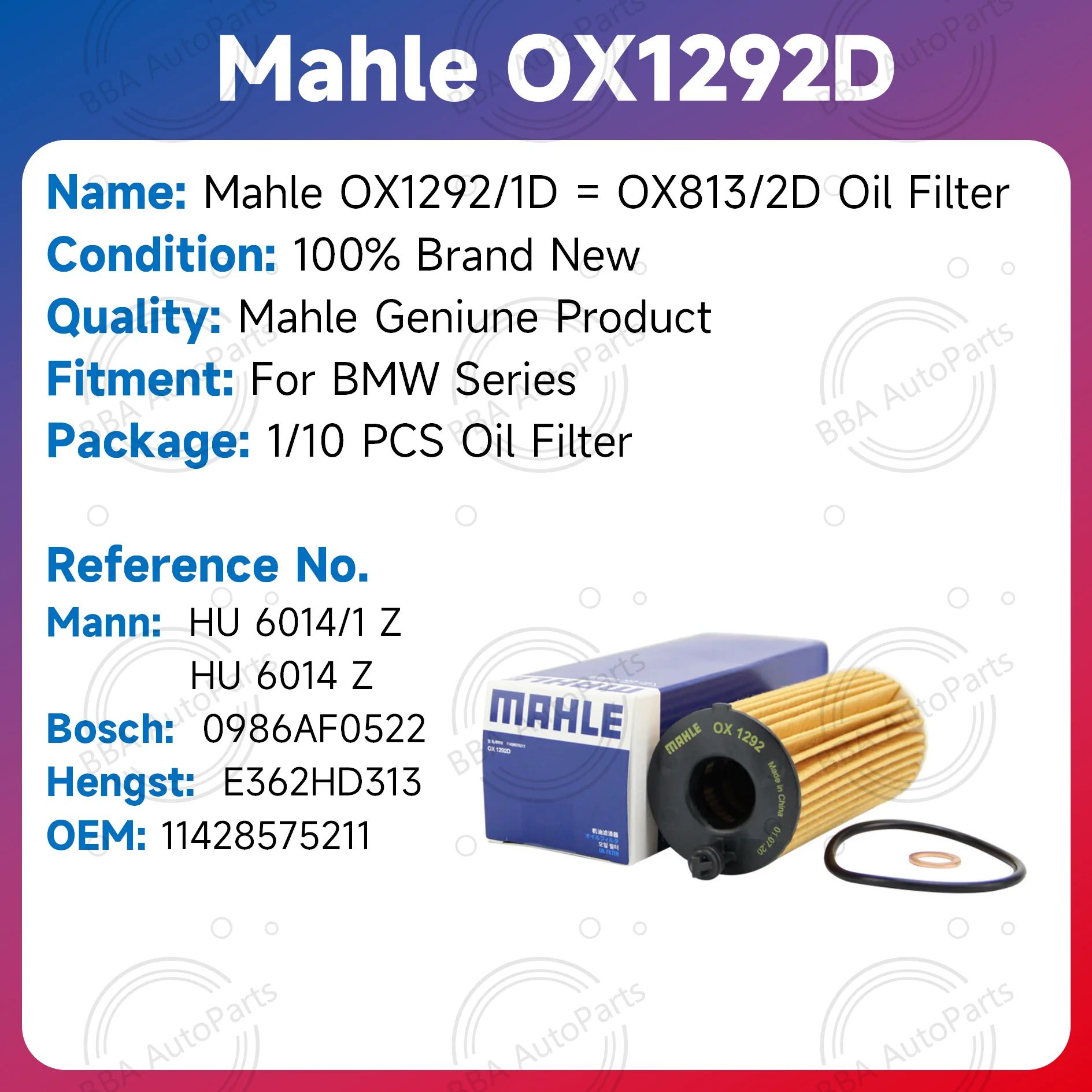 Mahle oil filter OX1292/1D OX813/2D For BMW 118i 120i 125i 218i 220i 225i 318i 320i 325Li 330i with OE 11428575211