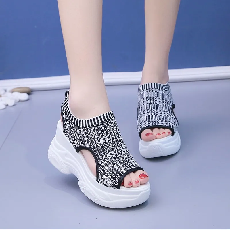 Women's Sandals 2022 Summer Wedge Heel Elastic Cloth Cover Foot Ladies Sandals Thick-soled Fashion Trifle Elevation Casual Shoes 6