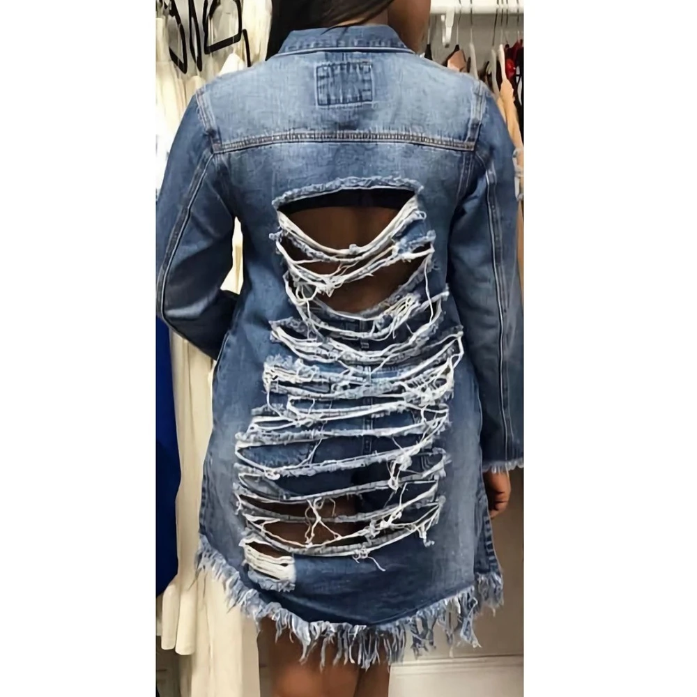 Elegant Autumn Women Hollow Out Tassel Hem Asymmetric Denim Coat Femme Long Sleeve Pocket Design Jackets Casual Outfits Clothing