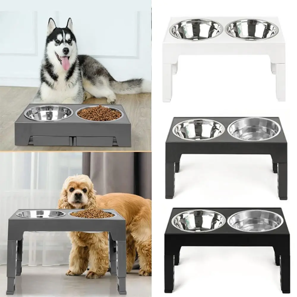 

4 Adjustable Heights Elevated Dog Bowls Non-slip Stainless Steel Double Cat Food Water Bowls Noise-free Large Capacity