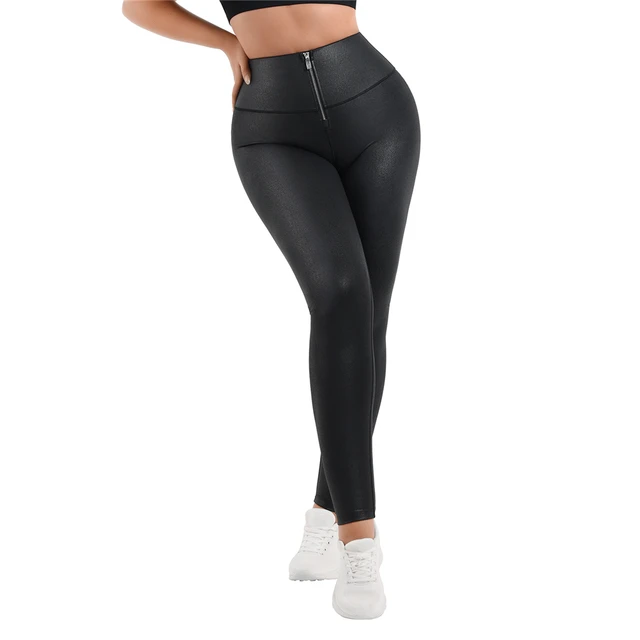 Women Fajas Zipper Faux Leather Leggings Waist Trainer Leggings High  Waisted Tummy Control Slimming Pants Weight Loss Shapewear