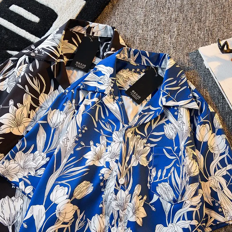 Men's vintage collar shirt short sleeved men's summer trend men's vacation  beach shirt men clothing