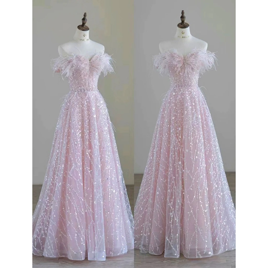 Gorgeous Pink Cocktail Dress A-line Feather Bow Beading Sequins Pearl Applique Strapless Quinceanera Formal Party Prom Gowns