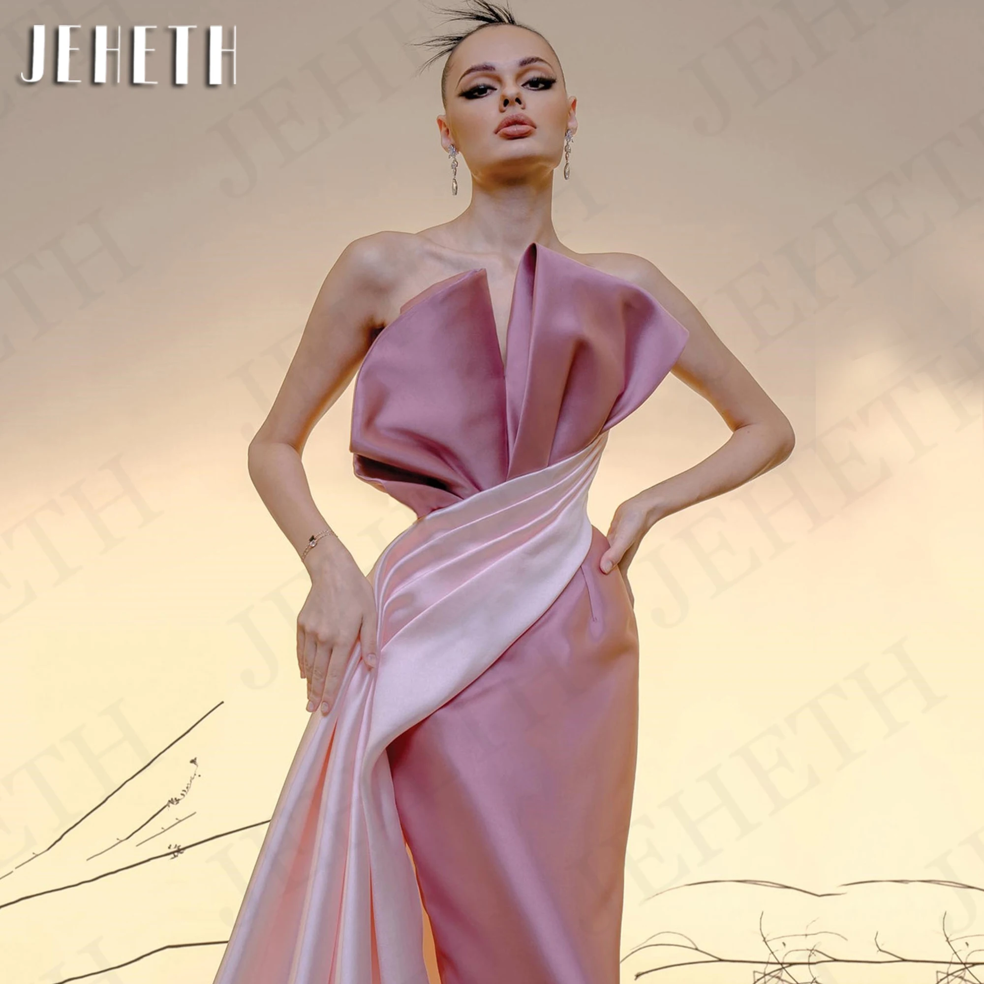 JEHETH Elegant Evening Dresses for Woman Party Mermaid Formal Satin Strapless Prom Dress Sleeveless Pink فساتين سهرة Customized 3