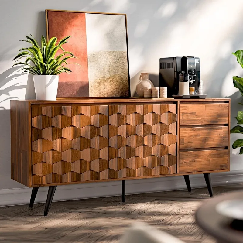 Rattan Pre-Assembled Buffet Sideboard with 3 Drawers & 2 Doors, 58" Accent Console Table Living Room, Kitchen, Dining