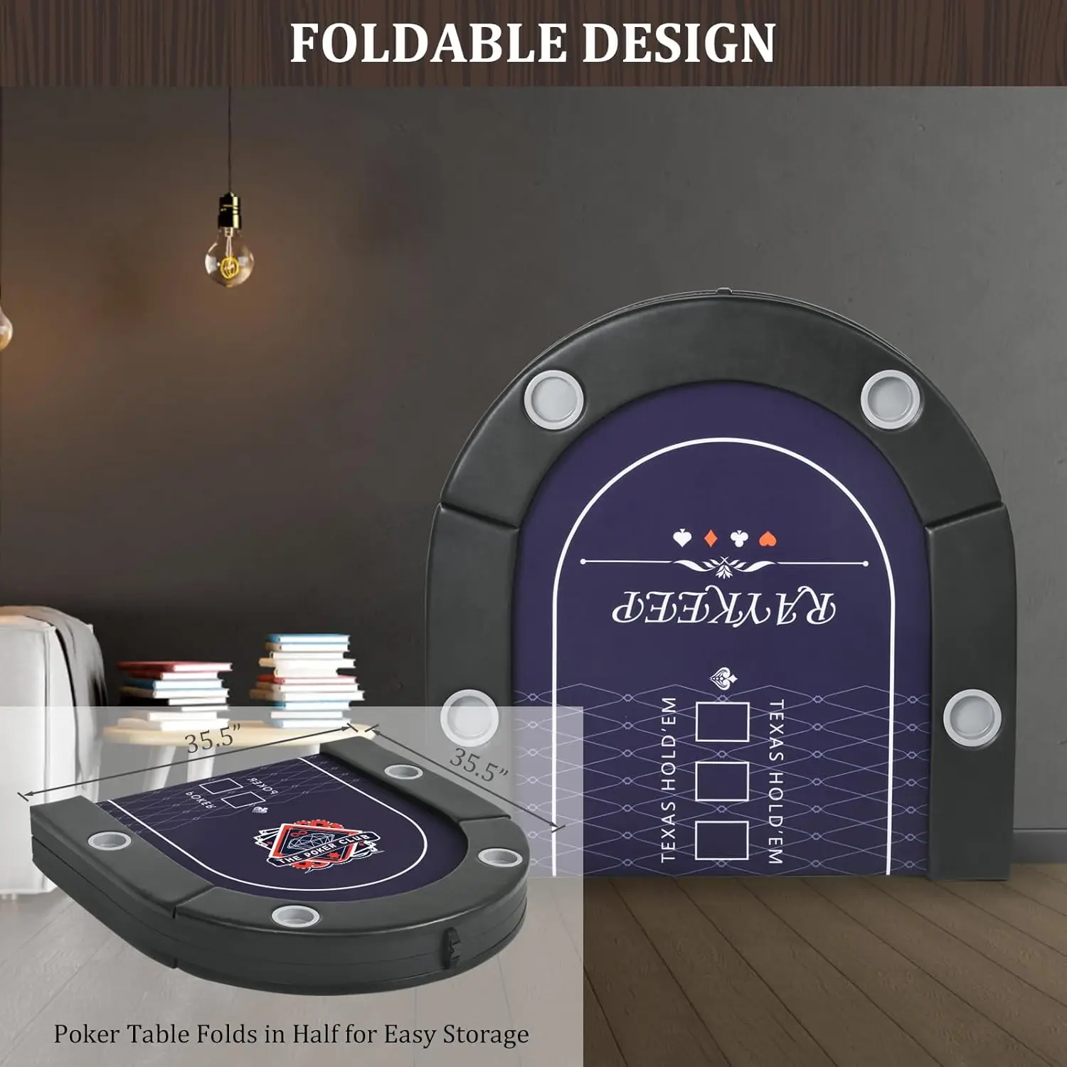 Table Foldable, 8 Player Folding Poker Tables w/Collapsible Legs, Casino Grade Felt, Padded Rails and Cup Holders, Portable Poke