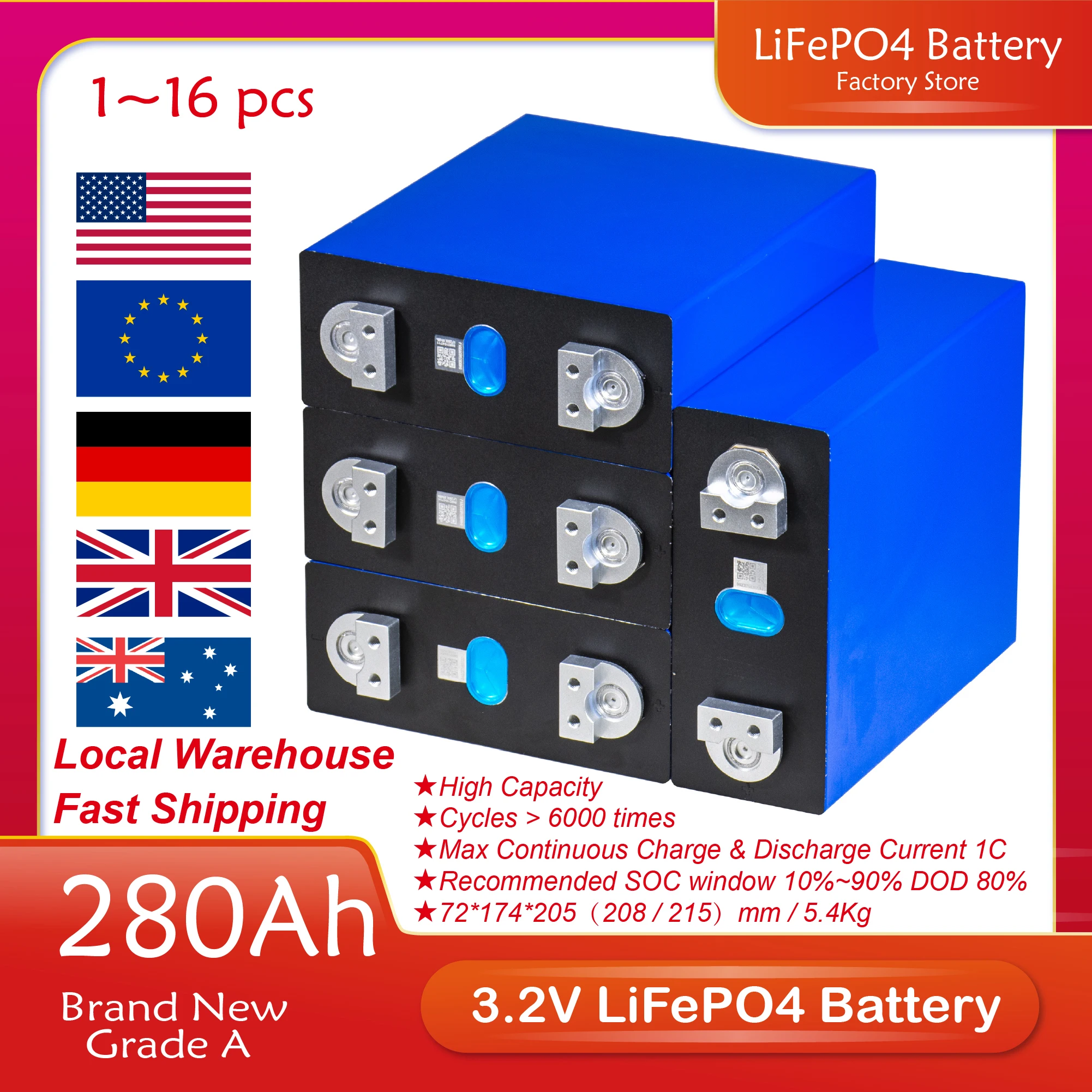 

16/8/4PCS 280AH 3.2V LiFePO4 Battery LF280K Brand New A Grade DIY 48V 12V 24V Batteries Pack For Solar Energy Storage EU Stock