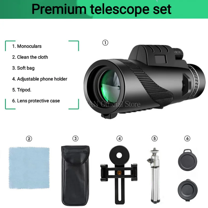 80x100 HD ZOOM Powerful Monocular Telescope Portable Binoculars Long Range Telescope Hunting Camping With Tripod Phone Clip 5