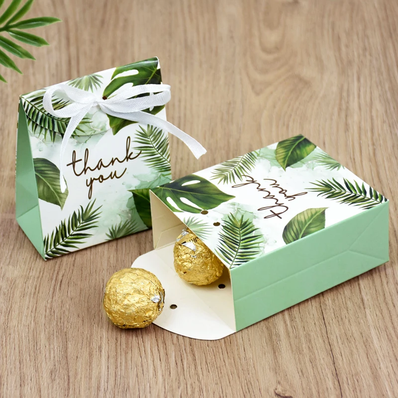 10/50Pcs Thank You Candy Gift Box Green Leaf Cookie Chocolate Packaging Bag Wedding Favors for Guest Birthday Party Decor Supply