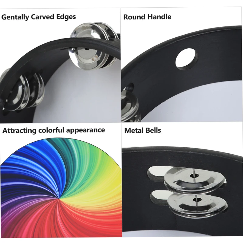 8 Inch Rainbow Tambourine Wooden Handbell Early Education Percussion Instrument with Double Row Jingles for Children Boys Girls