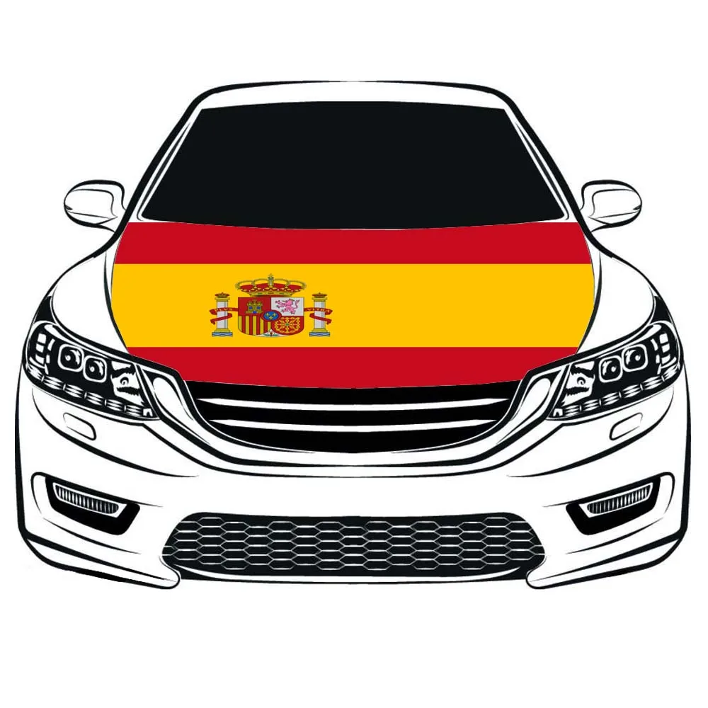

Spain national flag car Hood cover 3.3x5ft/5x7ft 100%polyester Advanced sublimation printing car cover flag+triangle fastener