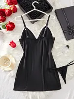 Sexy Women Lingerie Set Lace Trim Satin Babydoll Nightdress Spaghetti Strap Slip Dress With Thong Romantic Bedroom Wear - Image 3
