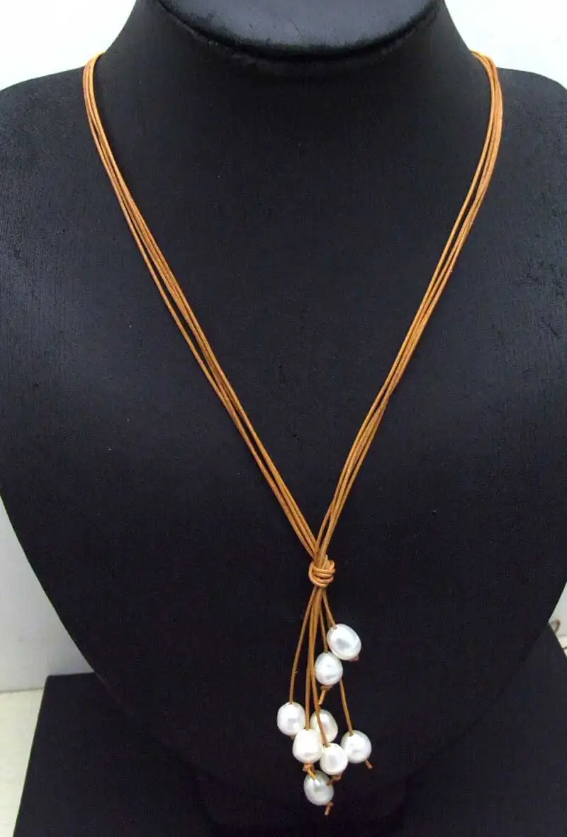 

Qingmos 10-11mm Rice Natural Freshwater White Pearl Necklace Necklace for Women with Brown Leather Long Necklace 4 Strands 32"