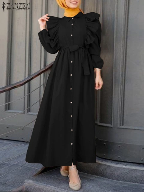 Maxi Dress Long Sleeves Muslim | Long Sleeve Muslim Dress Autumn Maxi -  Solid Color - Aliexpress