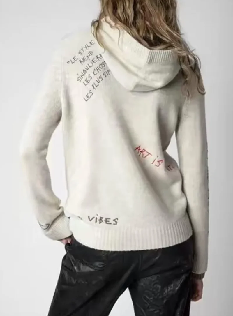 

Women Hooded Sweater Letter Embroidery Contrast Color Long Sleeve Casual 100% Cashmere Pullover