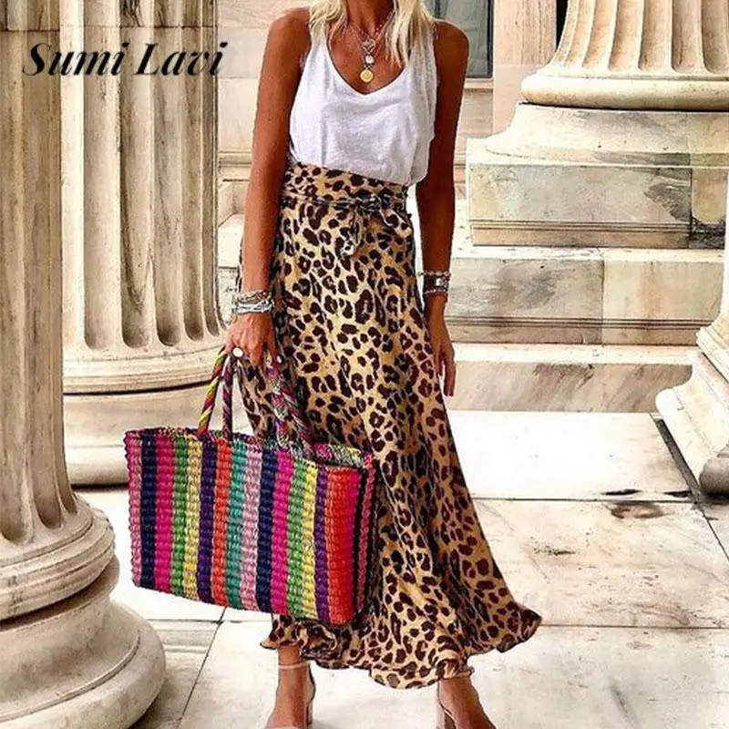 

Женская винтажная длинная юбка с леопардовым принтом, свободная повседневная юбка для отдыха, элегантная плиссированная пляжная юбка с высокой талией и завязкой, 2024