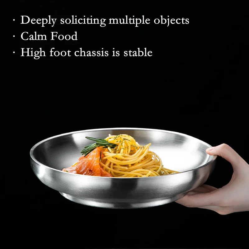 304 Stainless Steel Double Layer Dishes Tray Anti-Scalding Steak Plate Tableware Pan Fruit Dishes Household
