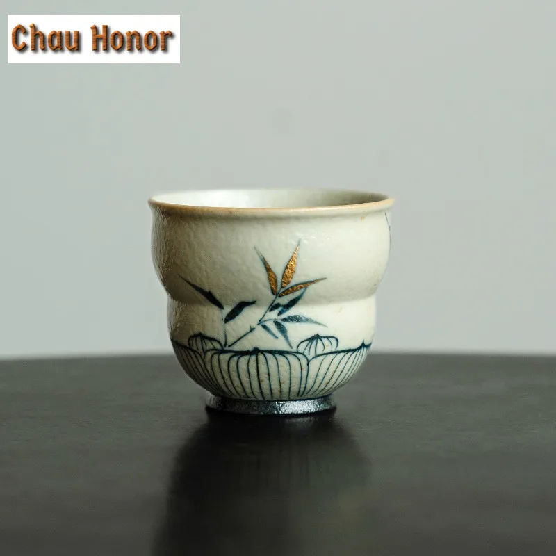 55ml Blue And White Flint Red Teacup Handmade Gold Drawing Bamboo Tea Bowl Gourd Master Mugs Meditation Cup Chazhan Drinkware