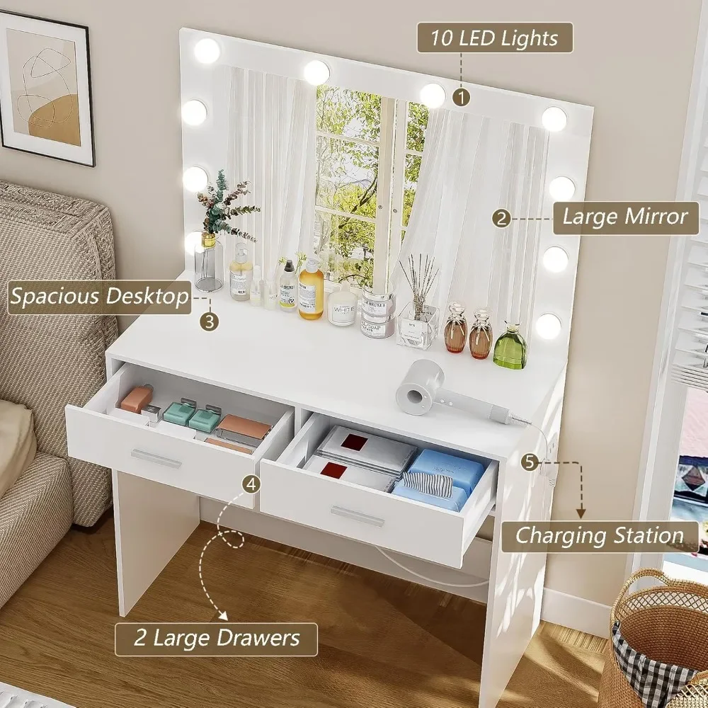 Makeup Vanity Lights Drawers Power Strip Dressing Vanity Tables for Women Girls Bedroom