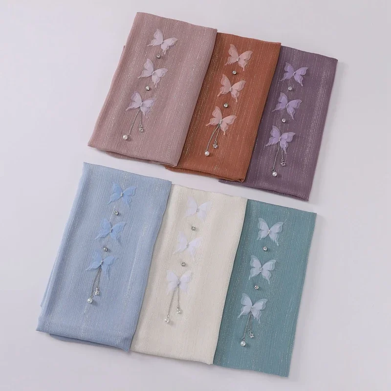 5PCS Wholesale Muslim Womens Hijabs Fashion Elegance Chiffon Shawl Gorgeous Appliques Headscarf Islamic Festival Party Scarf 679