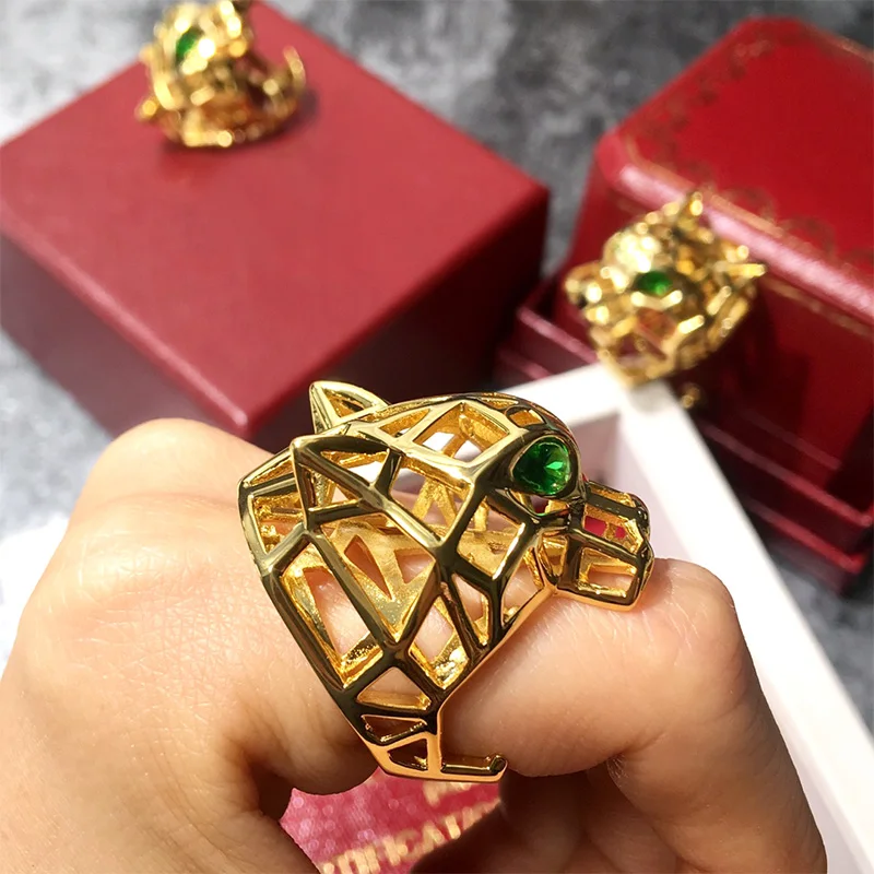 Top Quality Hyperbole Green Eye Crystal Stone Vacuum Plated Gold Stainless Steel Leopard Ring For Men Women Fashion Jewelry