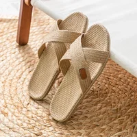 Men Shoes Slippers Linen Home Indoor Open Toe Flat Shoe Beach Slippers Striped Spliced Rubber Sandals Zapatillas Hombre