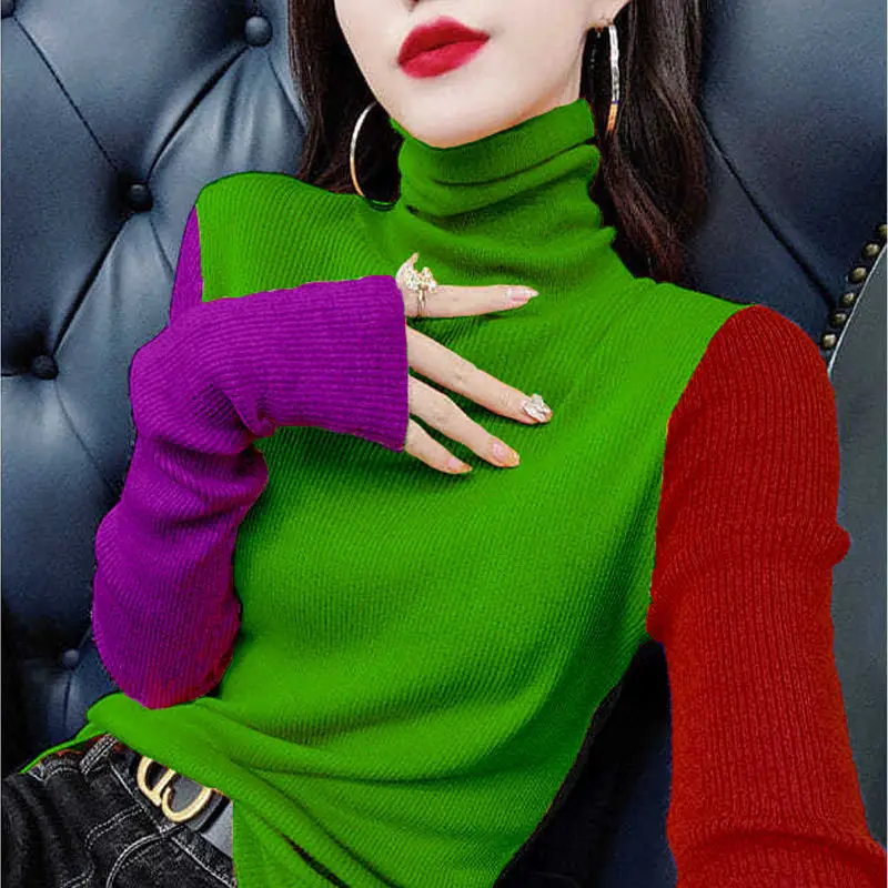 

Fashion Turtleneck Long Sleeve Knitted Spliced Color Sweater Women's Clothing 2022 Autumn New Loose Casual Pullovers Korean Tops