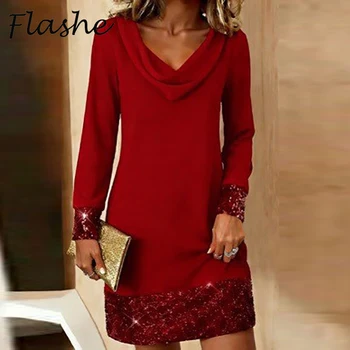 Abito da festa elegante Moda donna Manica lunga Colletto in pile Mini abiti per donna Abito da sera patchwork con paillettes primavera autunno