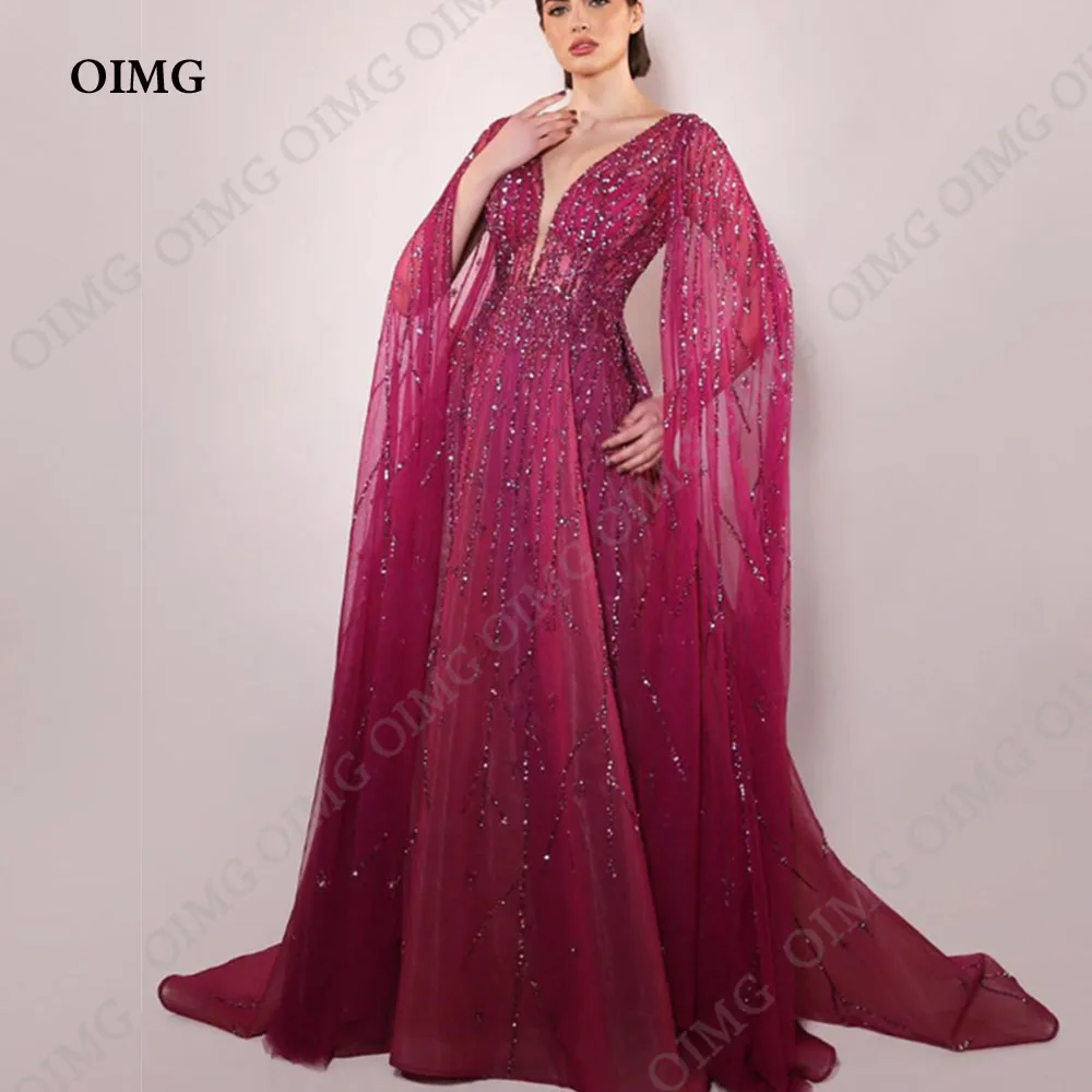 

OIMG Luxury Fuschia Saudi Arabic Evening Dresses V Neck Long Sleeves Prom Gowns Shiny Sequined Formal Occasion Party Dress