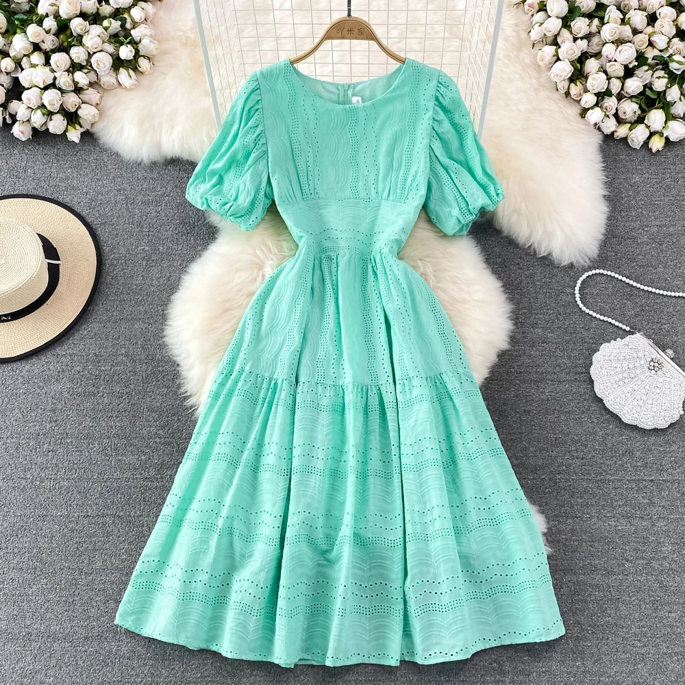 

Women's Elegant O Neck Puff Sleeve Long Dress Summer Short Sleeve Solid Color A Line Dress Lady High Waist Holiday Vestido