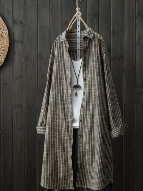 Plus Size Women Blouse Shirts 2025 New Korean Style Loose Plaid Autumn Clothes Casual Retro Stripes Single Breasted Long Sleeves