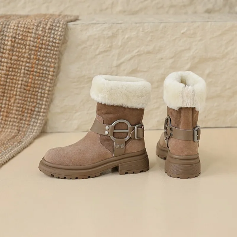 Shoes for Women 2023 Hot Sale Slip-on Women's Boots Fashion Belt Buckle Modern Boots Women New Short Plush Mid-Calf Shoes Female