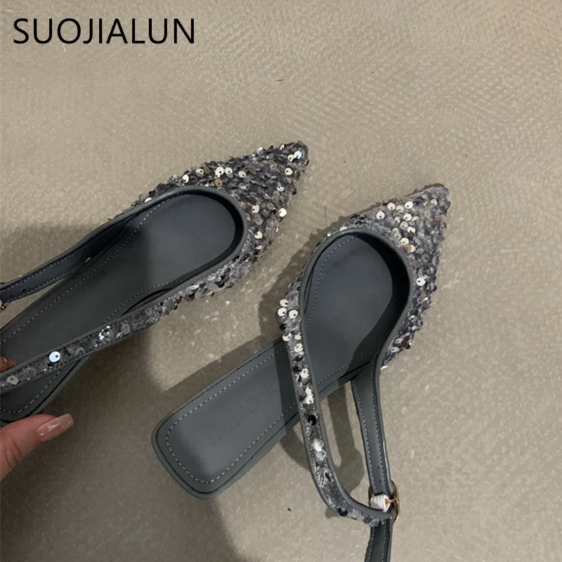 SUOJIALUN 2023 nový bling ženy sandal móda špičaté prst mělký kolíček na dámy elegantní slingback boty med podpatek pumps boty