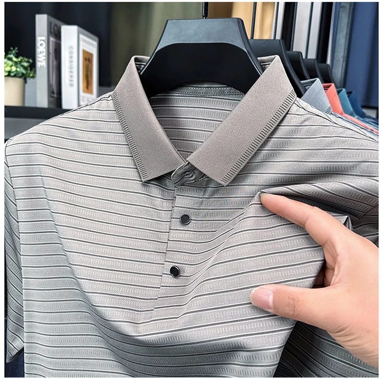 High Quality Summer Men's Business Casual Short Sleeve Comfortable Stripe Lapel Fashion Polo Short Sleeve No Trace T-shirt Top 17 S46c20e3ecac0465284628ec0c7994e29O