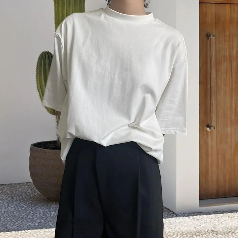 

Men Spring Fall T-shirt Half Sleeve Half-high Collar Loose Solid Color Soft Breathable Pullover Mid Length Men Casual Daily Top