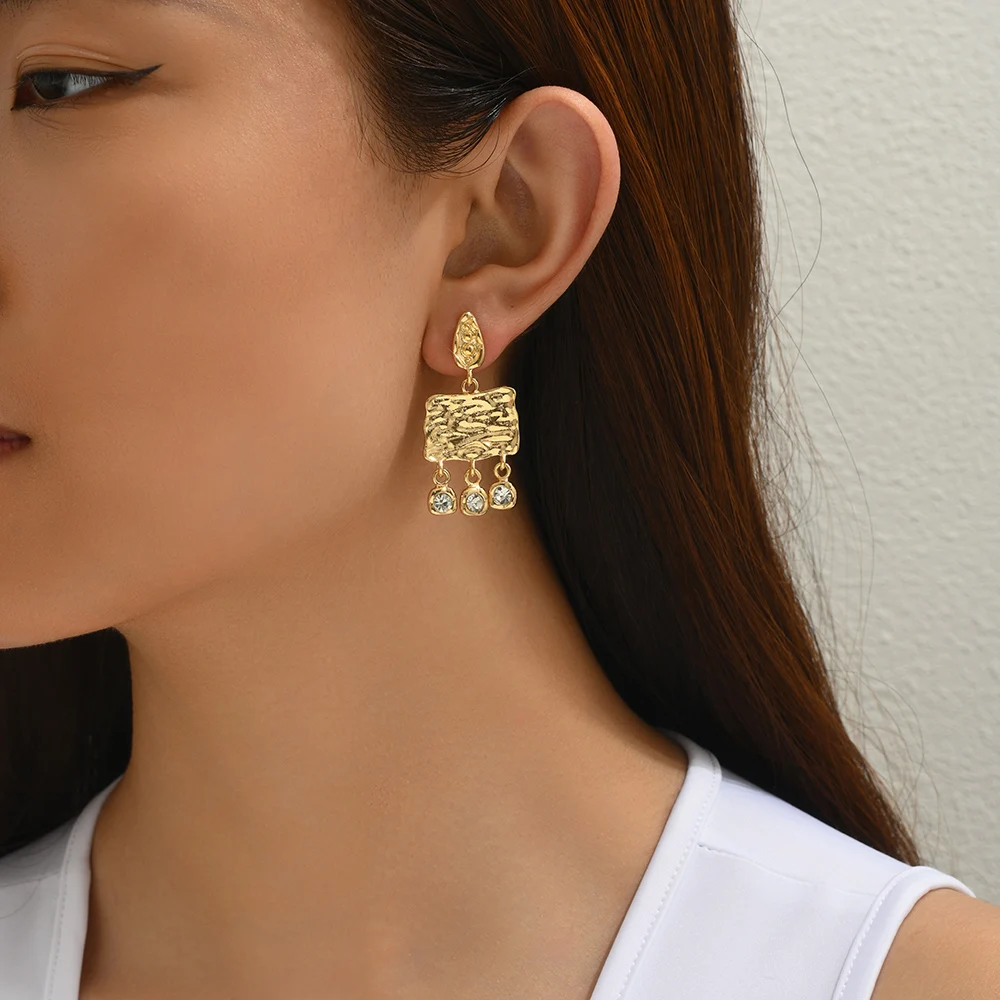 INS Hot Sale Gold Plated Metal Geometric Square Drop Earring Women Stainless Steel Irregular Rhinestone Pendant Punk Ear Jewelry