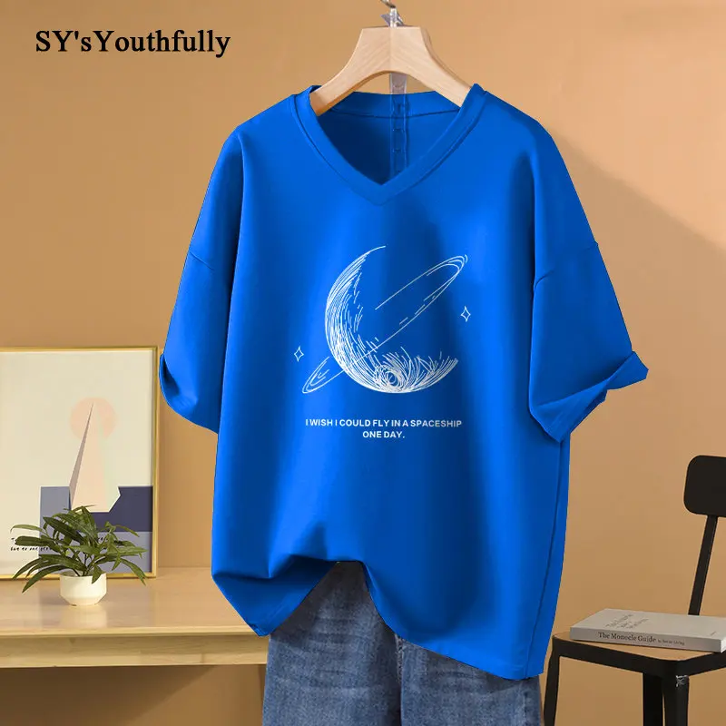 

100% Cotton V Neck T Shirt Plus Size Tshirt L-5XL Short Sleeve Women Couple Top 2023 Summer Moon Print Men Oversized T Shirts