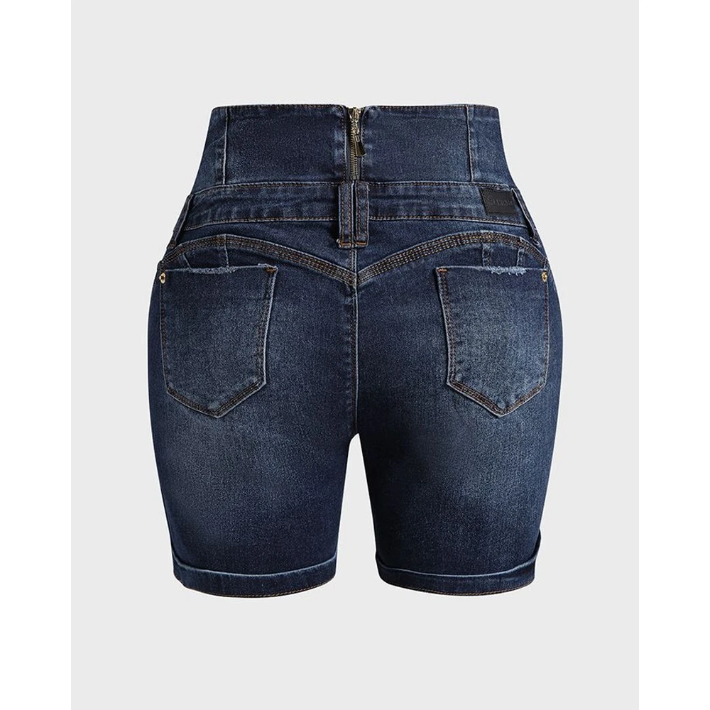2024 Summer Women High Waist Pocket Design Denim Casual Cuffed Shorts High Waist Skinny Hot Pants Fashion Wear Holiday Jeans