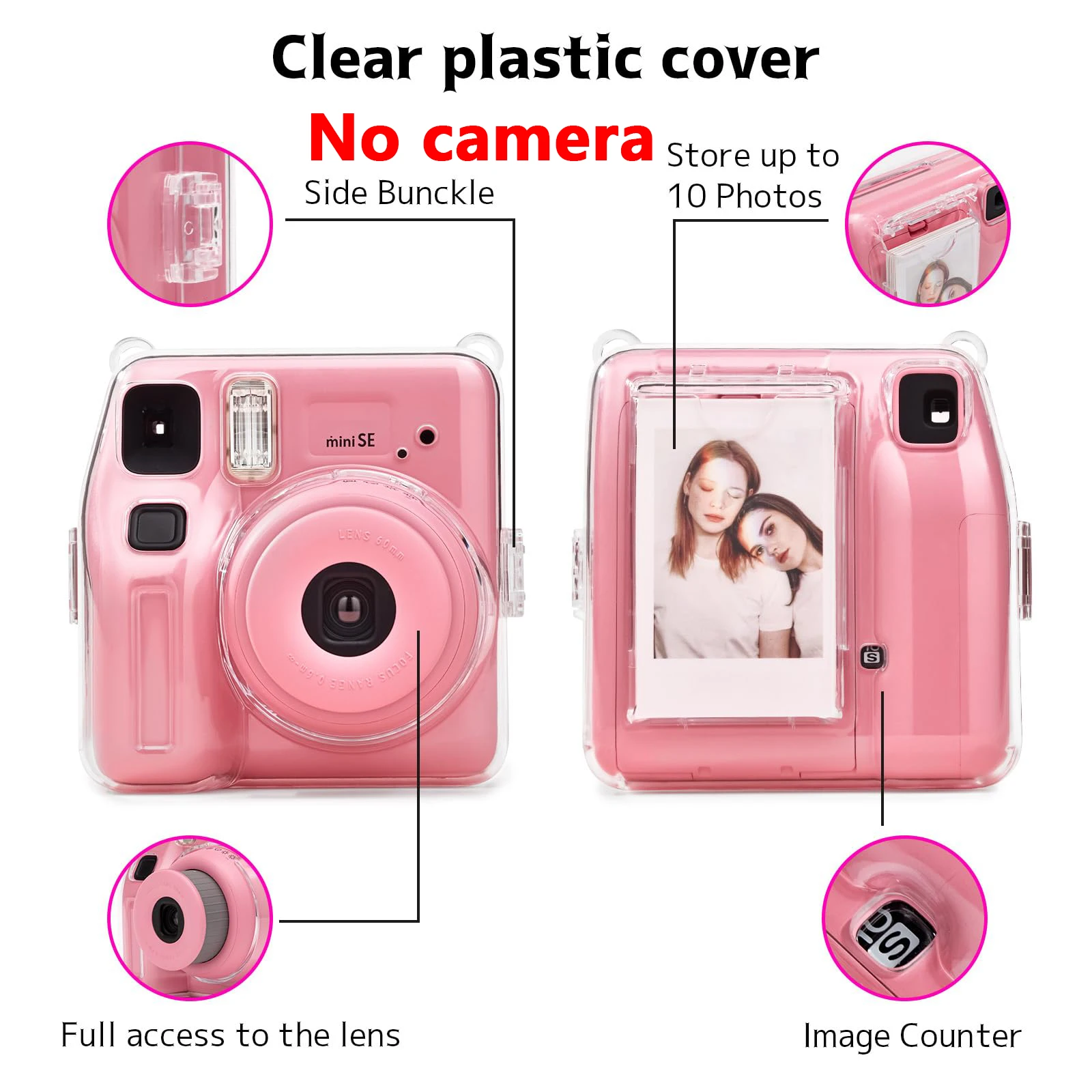 4-piece camera case set for Instax Mini SE camera, hard pvc shell with shoulder strap and decorative stickers-(no camera)