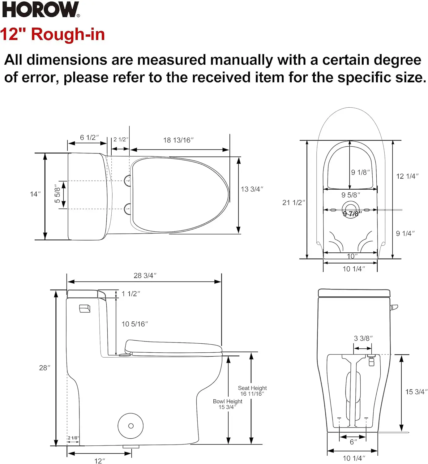 Horow Hr-St076W Elongated Toilet With Left-Hand Trip Lever, One Piece Toilet For Bathroom, Soft Closing Seat Include, Single 6