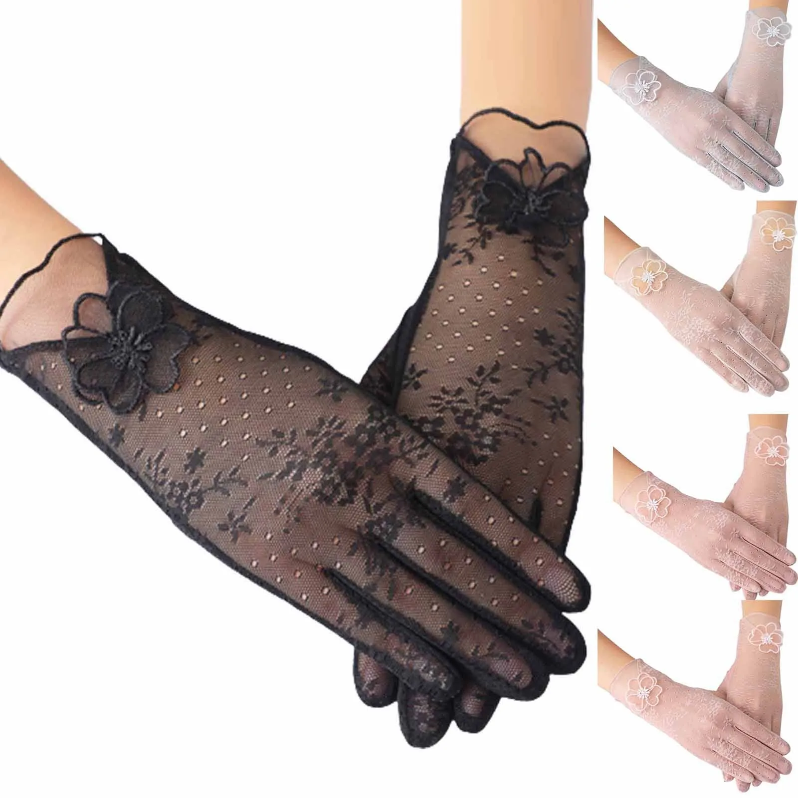 

Sexy Summer Women UV Sunscreen Short Sun Screen Pearl Flowers Gloves Thin Ice Silk Lace Touch Screen Viscose Driving Gloves