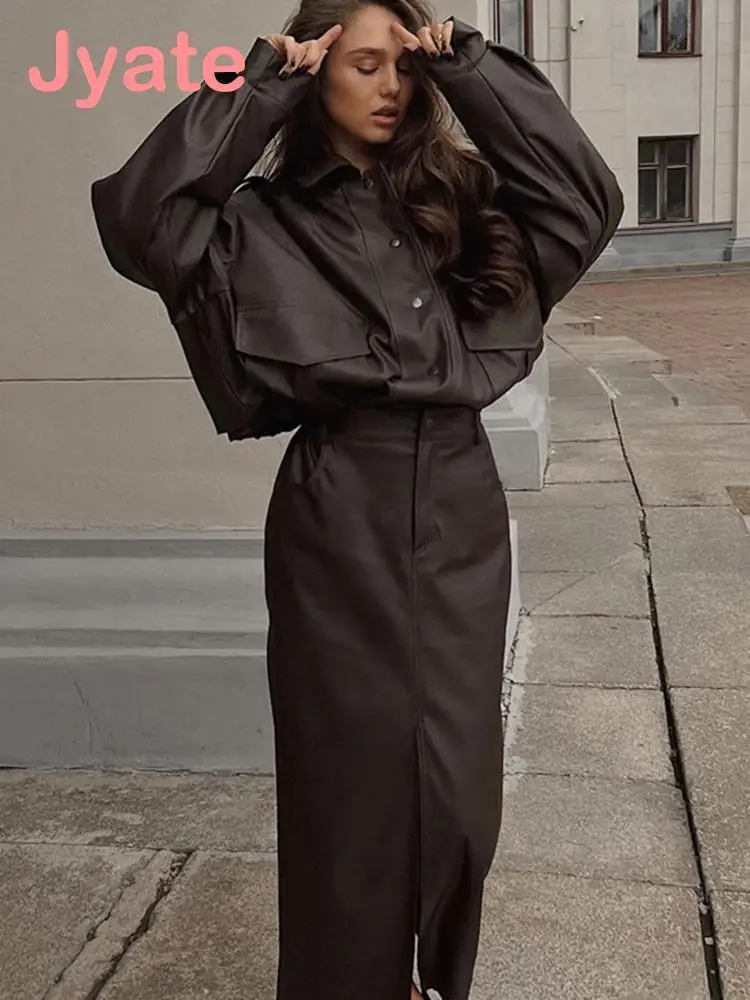 

Fashion Leather Women Skirts Sets Lapel Single Breasted Jackets High Waist Split Midi Skirt Suit Female Streetwear Casual Outfit