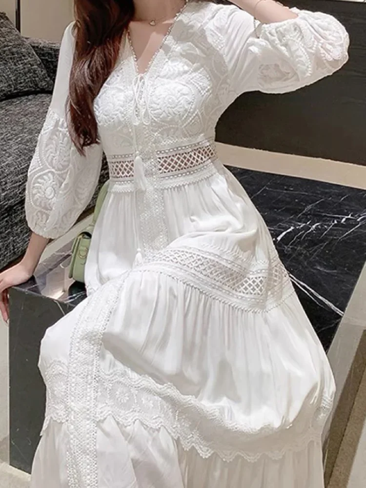 

2024 White Long Dress Women Summer Boho Lace Dresses Female Beach Holiday Hollow Out Dress Ladies Elegant Vintage Loose Vestidos