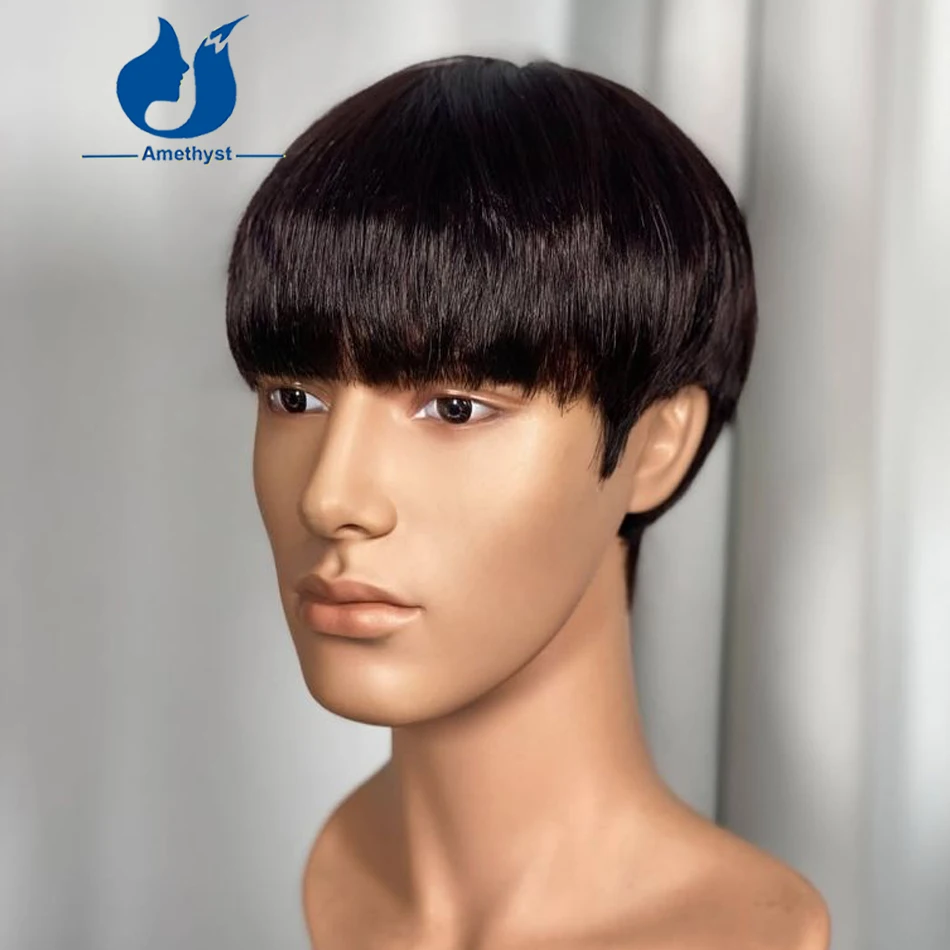 Amethyst Natural Black Men's Short Bob Wig Straight Pixie Cut Brazilian Remy Hair Full Lace Wig with Bleached Knots for Male