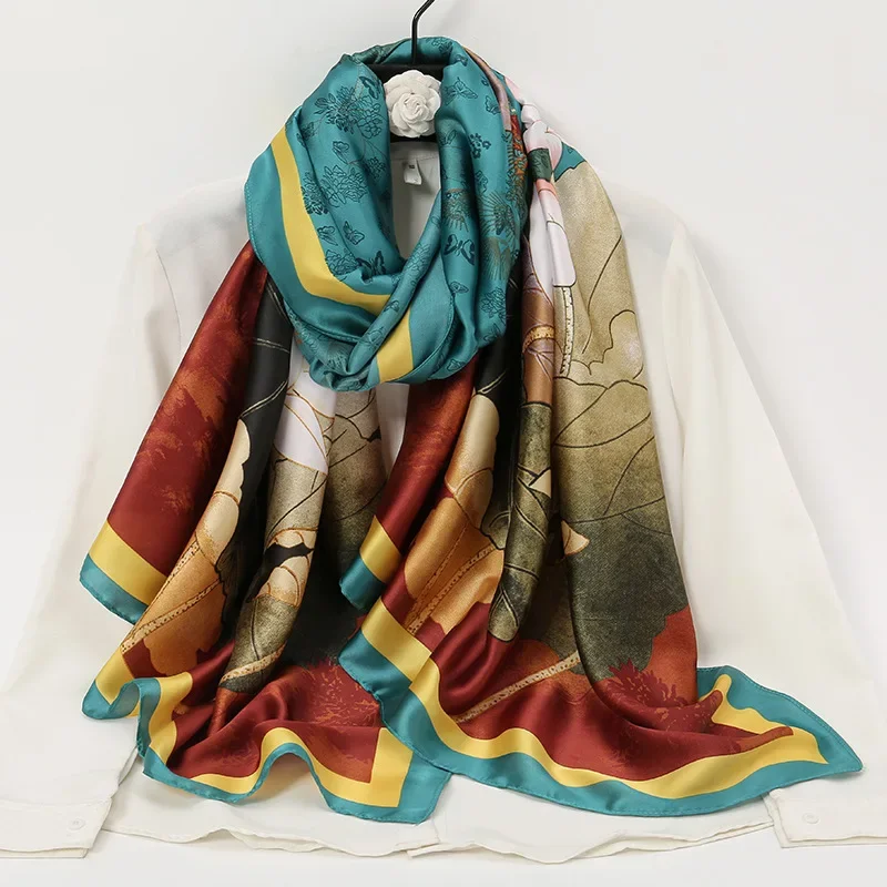 

New Satin Soft National Style Printed Long Towel Summer Lotus Pond Soft Sun Sun Air-conditioned Room Shawl