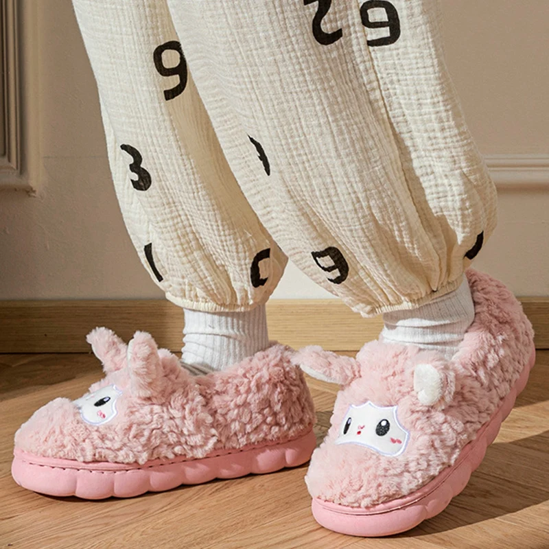 Cute Little Sheep Cotton Slippers for Women Bag Heel Warm Cotton Indoor Shoes Woman Soft Short Plush Home Slippers Ladies